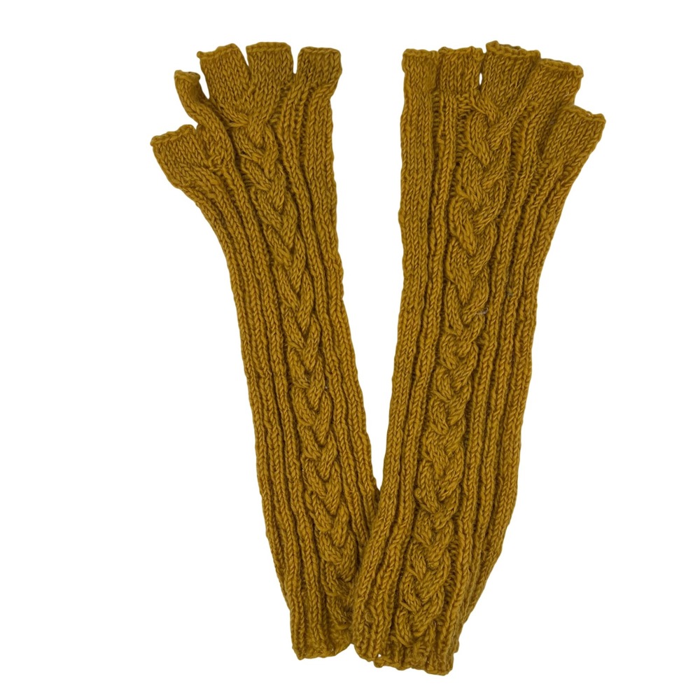 Handmade Wool Mustard Yellow Cable Knit Fingerless Gloves Long Arm Warmers Boho